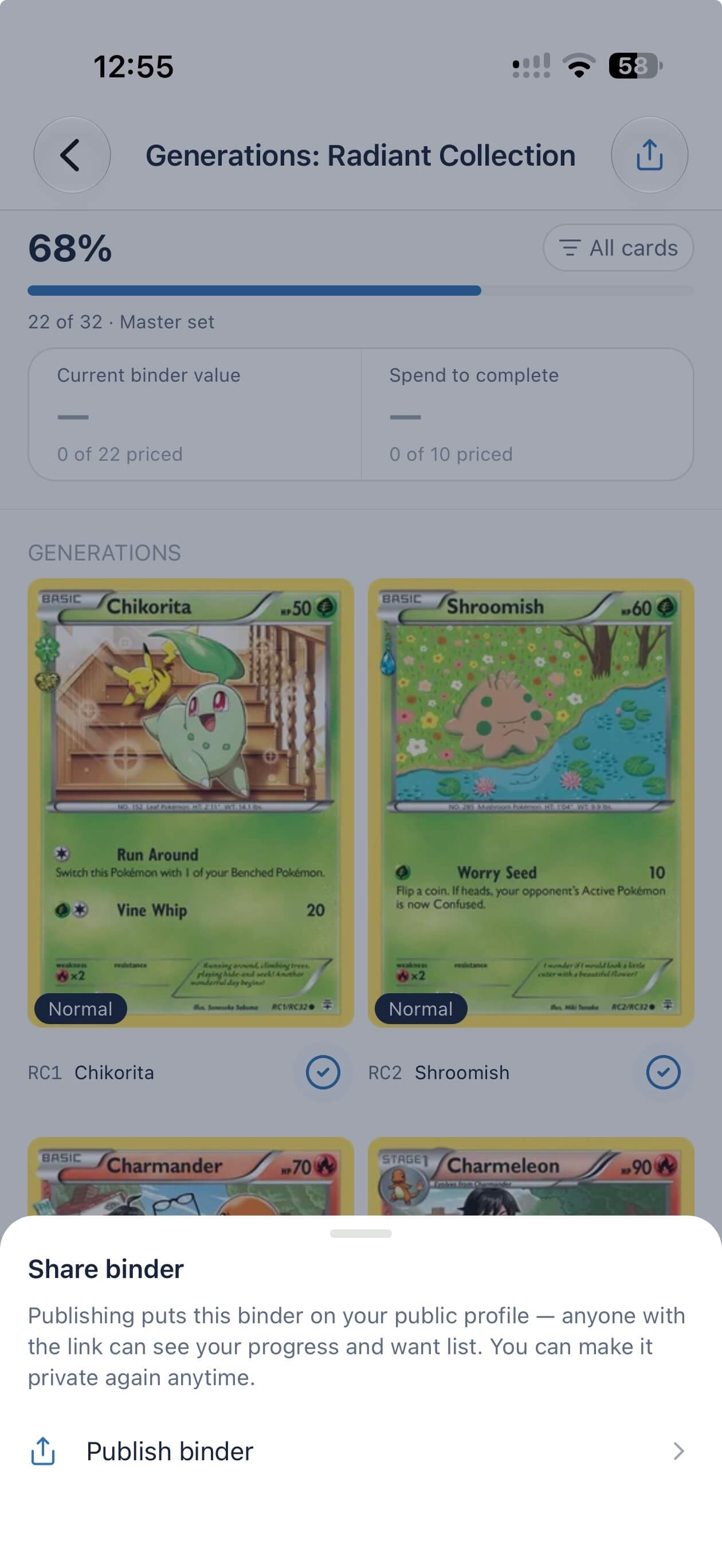 The share sheet in the Ninth Pocket app, with a Publish binder button